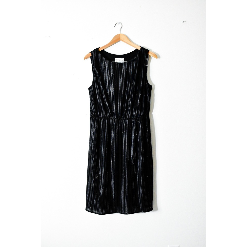 Karin Stevens Cocktail Dress Womens 12 Black 90s Metallic Accordion Pleated Knee